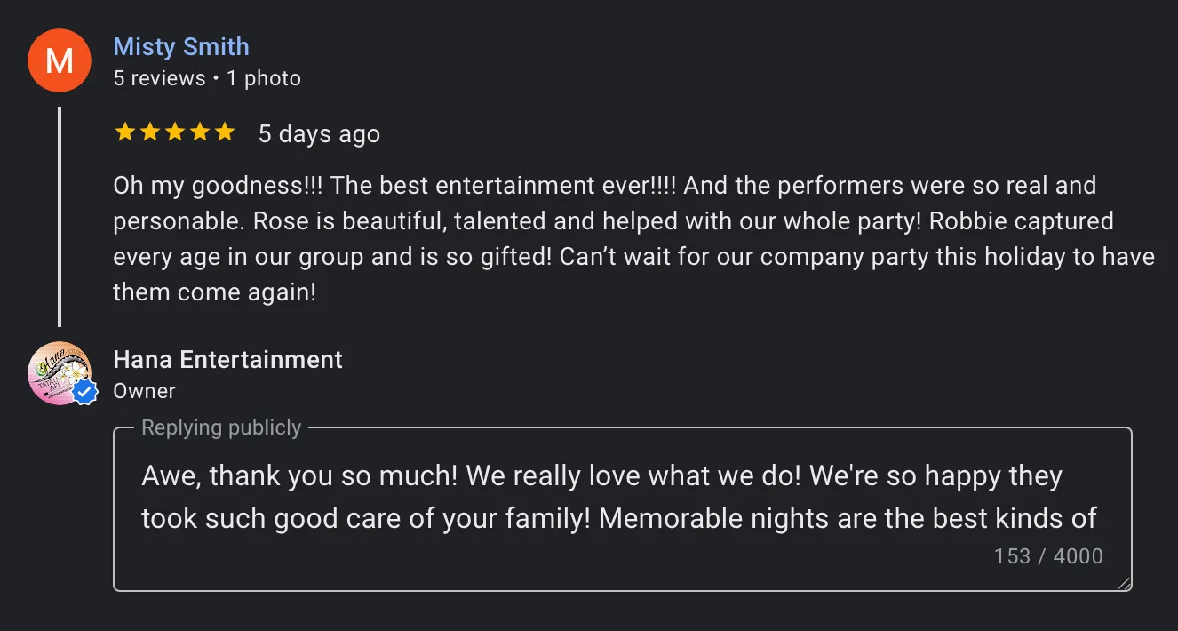 A screenshot of a review from Hana Events + Experiences