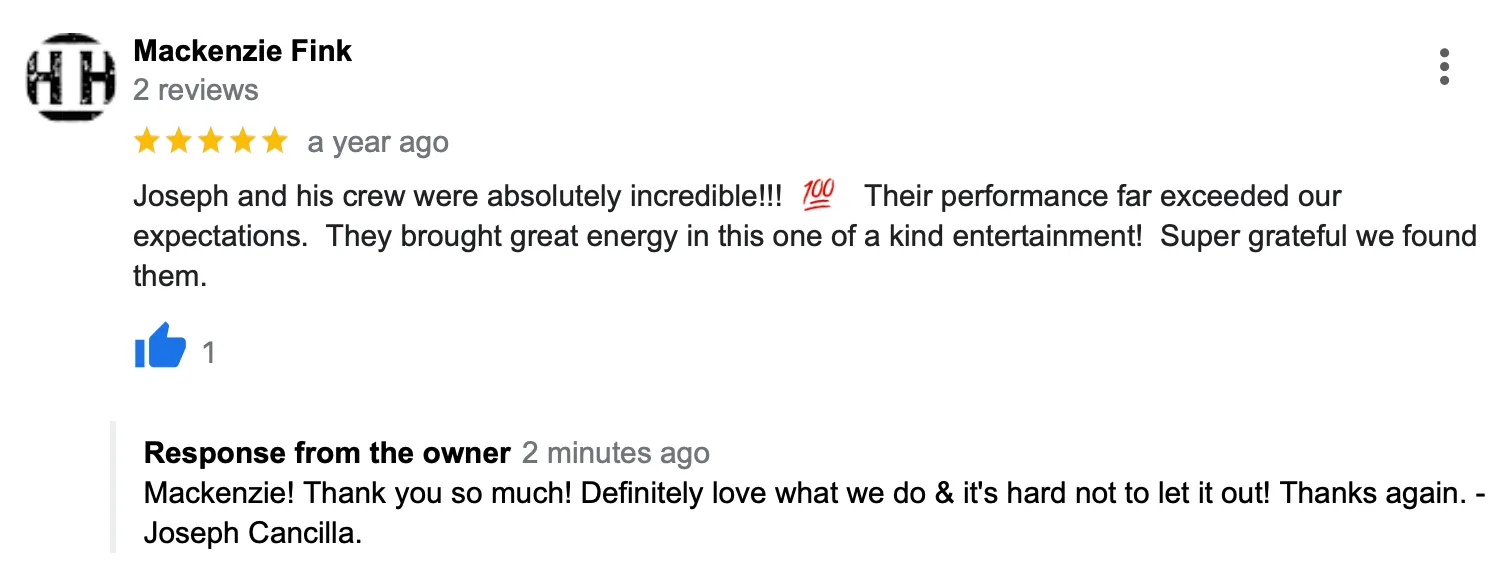 A screenshot of a google review with a thumbs up.
