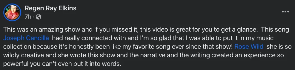 A facebook post that says ' this was an amazing show and if you missed it this video is great for you to get a chance '