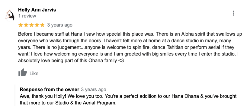A google review of a dance studio with a thumbs up.