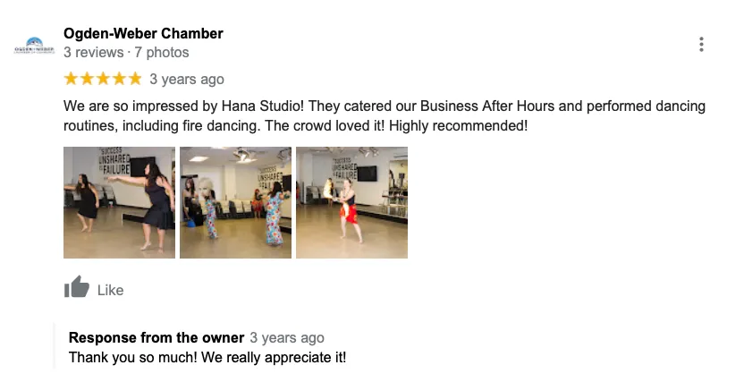 A review of a dance studio on a google review page.