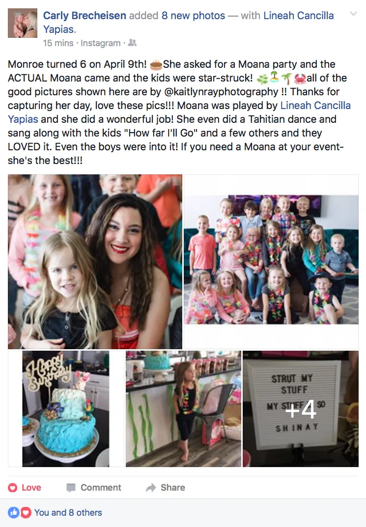 A collage of photos of a girl 's birthday party on a facebook page.