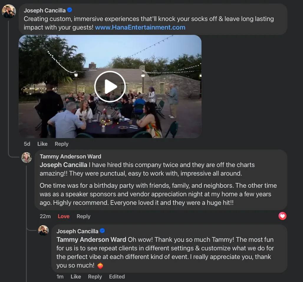 A review from Tammy Ward about working with Hana Events + Experiences