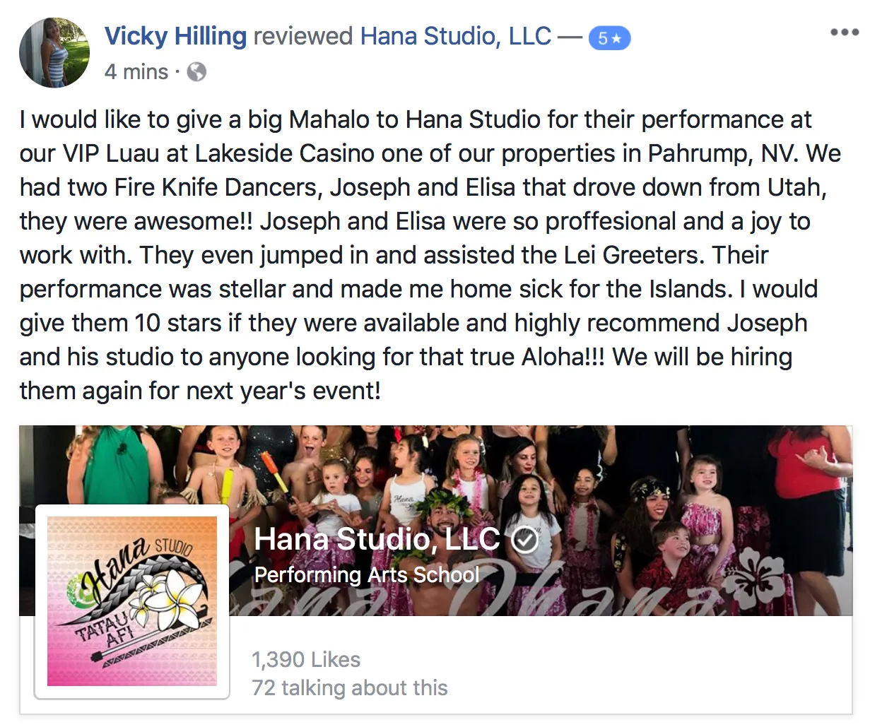 A facebook post from viicky hilling reviewed hana studio , llc.