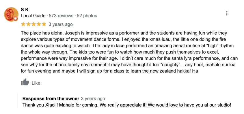 A review from a person on a google review page.